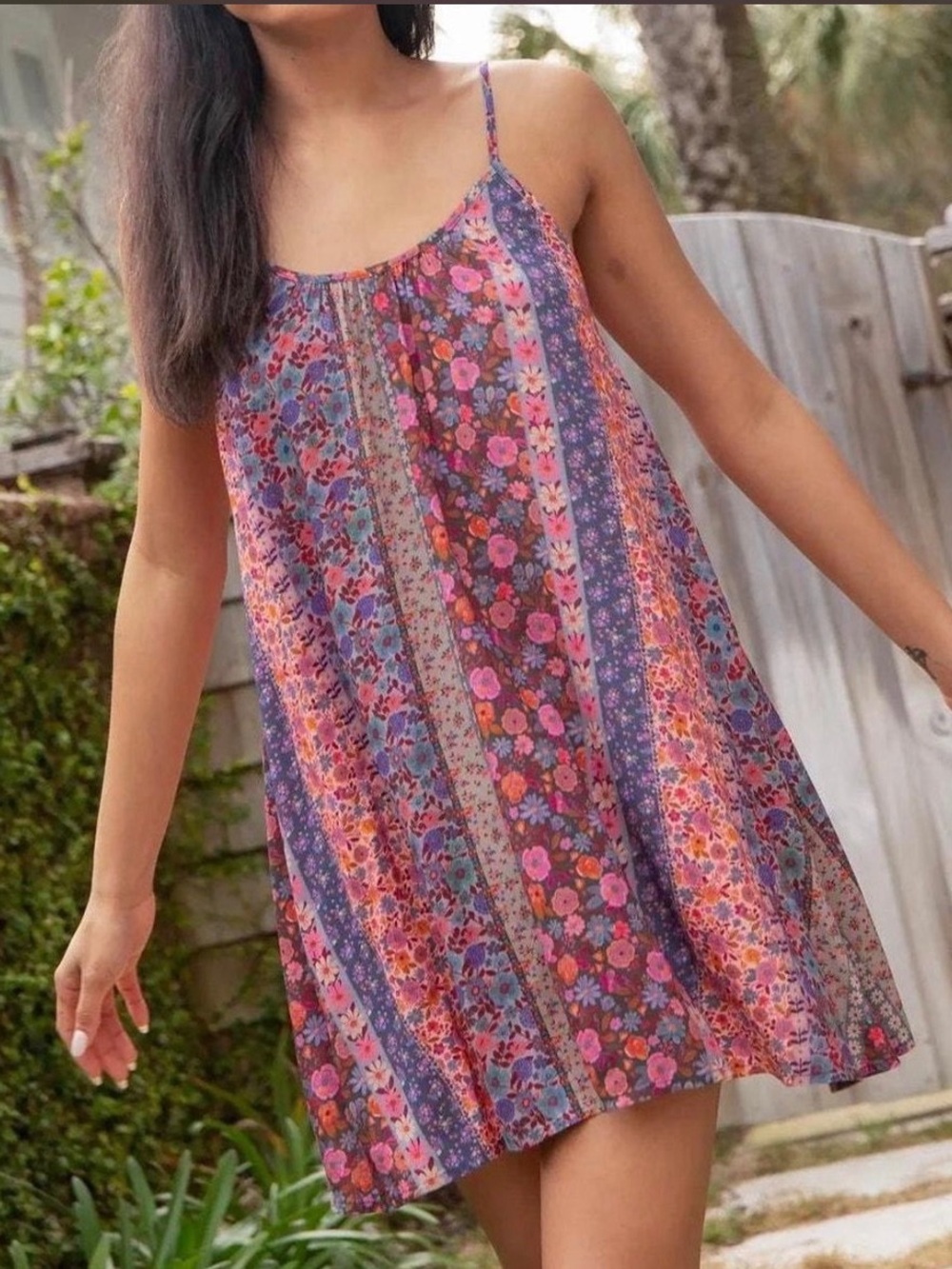 NATURAL LIFE Purple and Pink Floral Stripe Spaghetti-strap Dress